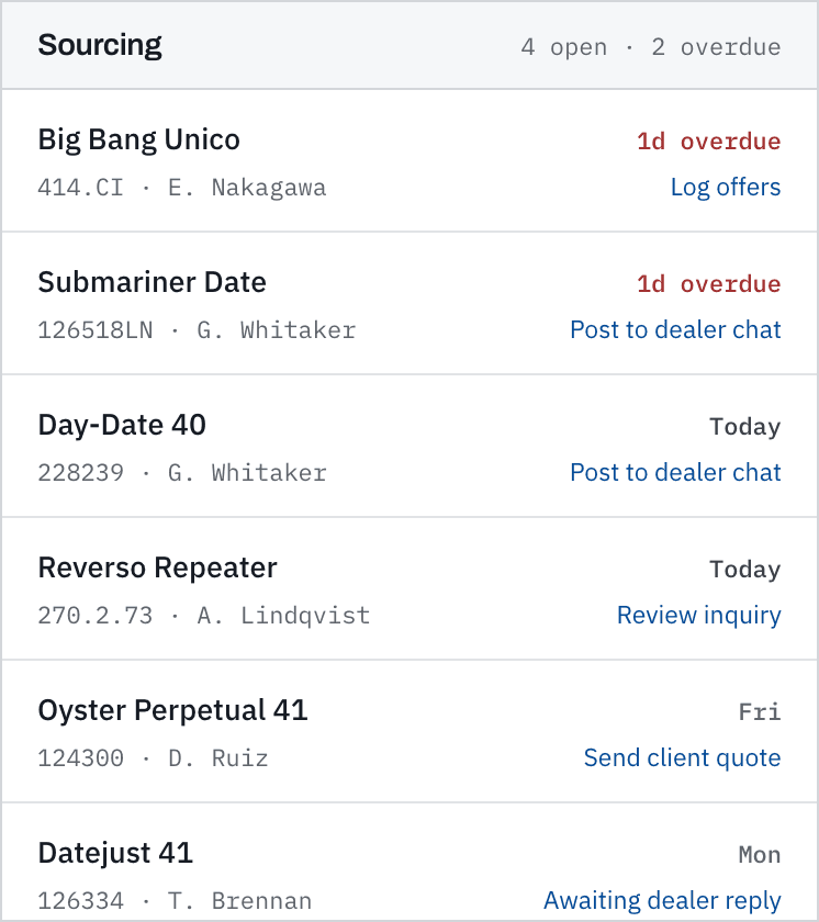 Sourcing queue with open asks and overdue items