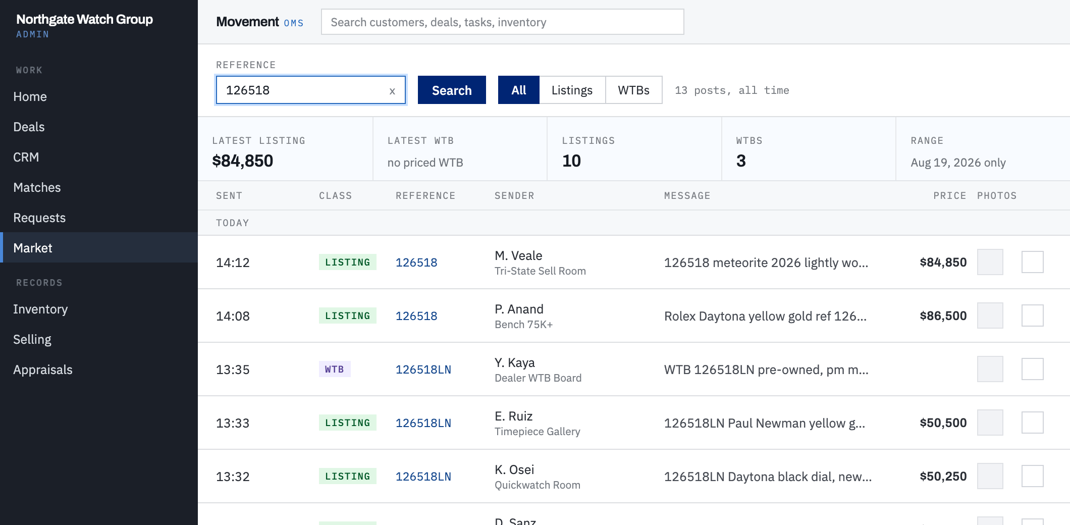 Market list on 126518 with latest listing, latest WTB, and range